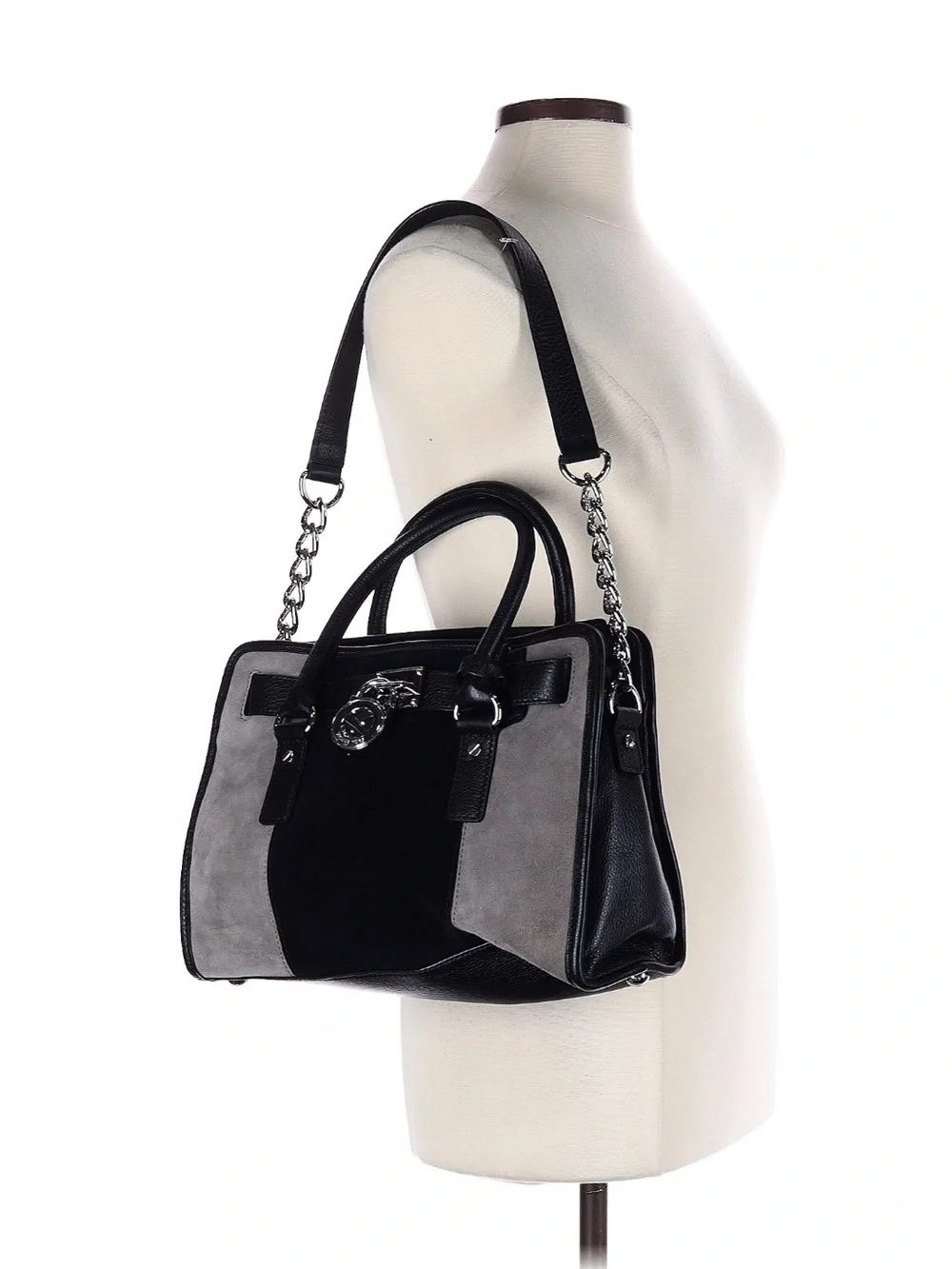 MICHAEL Michael Kors Black and Gray Leather & Suede Satchel with Chain Strap